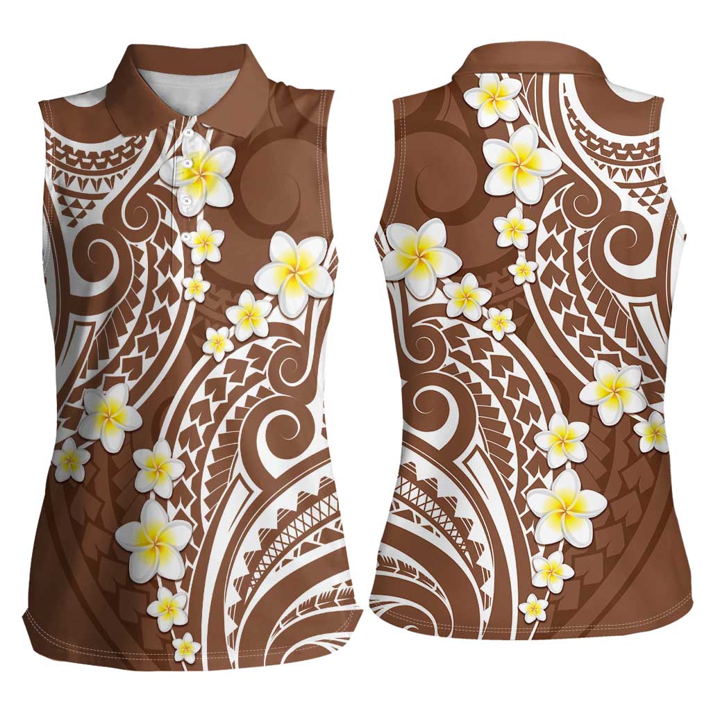 Plumeria With Brown Polynesian Tattoo Pattern Women Sleeveless Polo Shirt