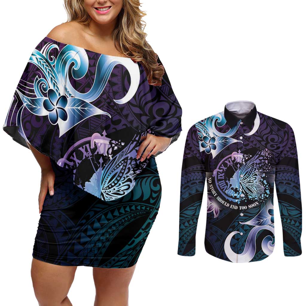 Personalised Polynesia Suicide Prevention Awareness Couples Matching Off Shoulder Short Dress and Long Sleeve Button Shirt No Story Should End Too Soon