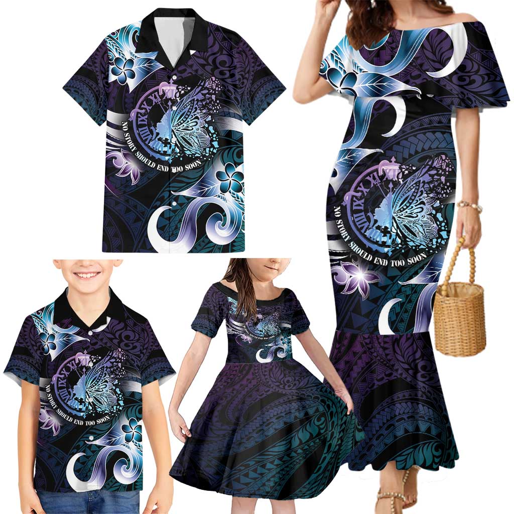 Personalised Polynesia Suicide Prevention Awareness Family Matching Mermaid Dress and Hawaiian Shirt No Story Should End Too Soon