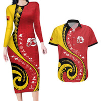 Papua New Guinea 50th Independence Anniversary Couples Matching Long Sleeve Bodycon Dress and Hawaiian Shirt Special Style Red Version - Polynesian Pride