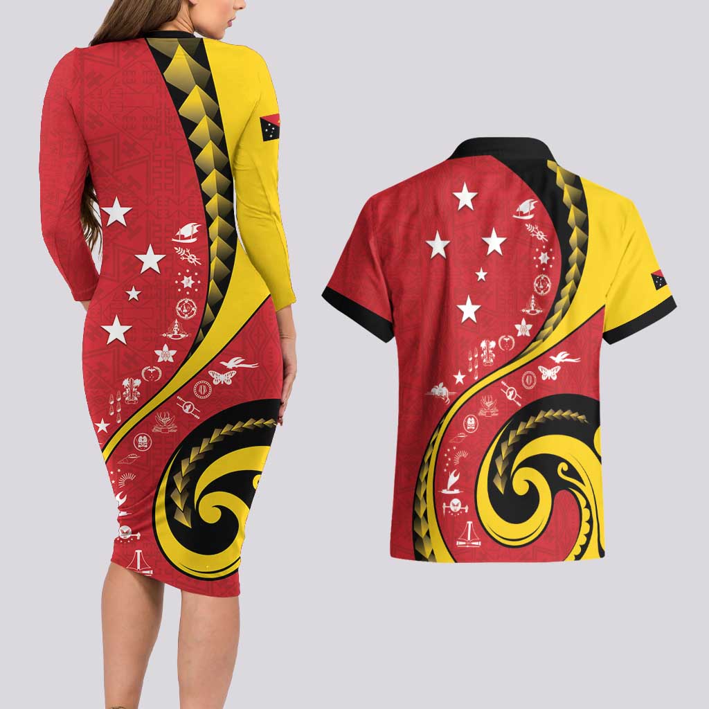 Papua New Guinea 50th Independence Anniversary Couples Matching Long Sleeve Bodycon Dress and Hawaiian Shirt Special Style Red Version - Polynesian Pride