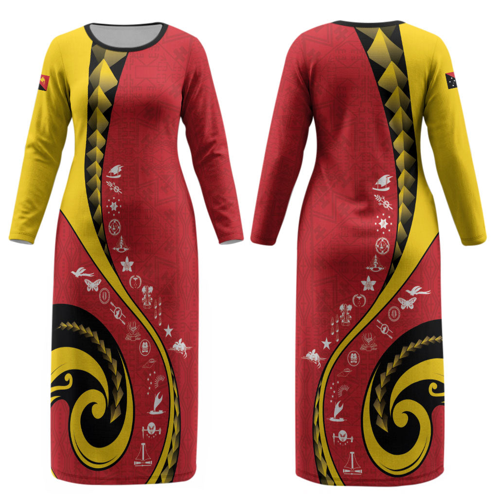 Papua New Guinea Independence Couples Matching Long Sleeve Bodycon Dress and Hawaiian Shirt Special Style Red Version LT05 - Polynesian Pride