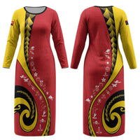 Papua New Guinea Independence Couples Matching Long Sleeve Bodycon Dress and Hawaiian Shirt Special Style Red Version LT05 - Polynesian Pride
