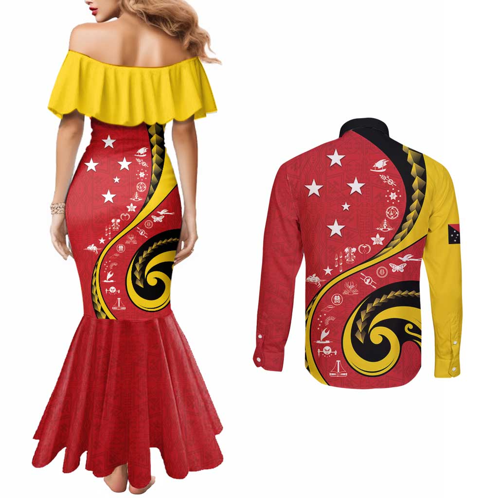 Papua New Guinea 50th Independence Anniversary Couples Matching Mermaid Dress and Long Sleeve Button Shirt Special Style Red Version - Polynesian Pride