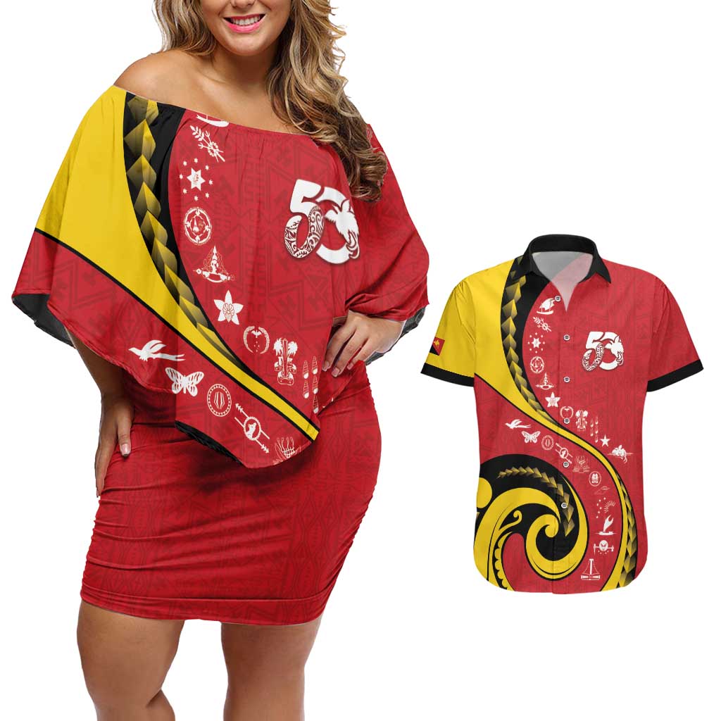 Papua New Guinea 50th Independence Anniversary Couples Matching Off Shoulder Short Dress and Hawaiian Shirt Special Style Red Version - Polynesian Pride