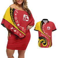 Papua New Guinea 50th Independence Anniversary Couples Matching Off Shoulder Short Dress and Hawaiian Shirt Special Style Red Version - Polynesian Pride