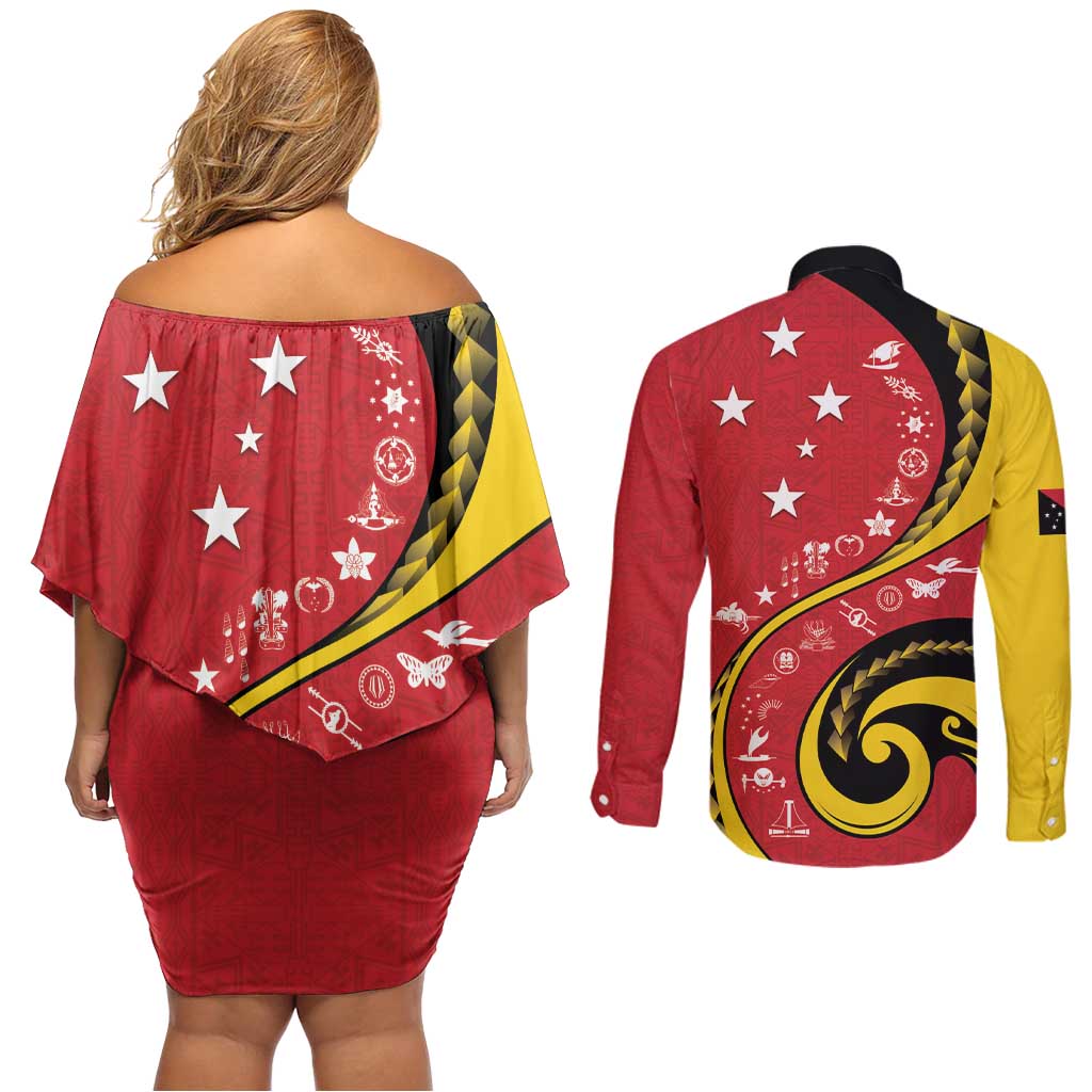 Papua New Guinea 50th Independence Anniversary Couples Matching Off Shoulder Short Dress and Long Sleeve Button Shirt Special Style Red Version - Polynesian Pride