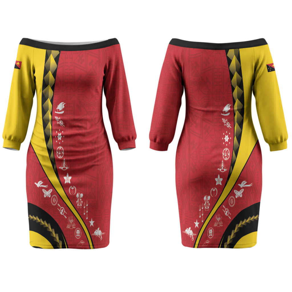 Papua New Guinea Independence Couples Matching Off The Shoulder Long Sleeve Dress and Hawaiian Shirt Special Style Red Version LT05 - Polynesian Pride