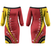 Papua New Guinea Independence Couples Matching Off The Shoulder Long Sleeve Dress and Hawaiian Shirt Special Style Red Version LT05 - Polynesian Pride