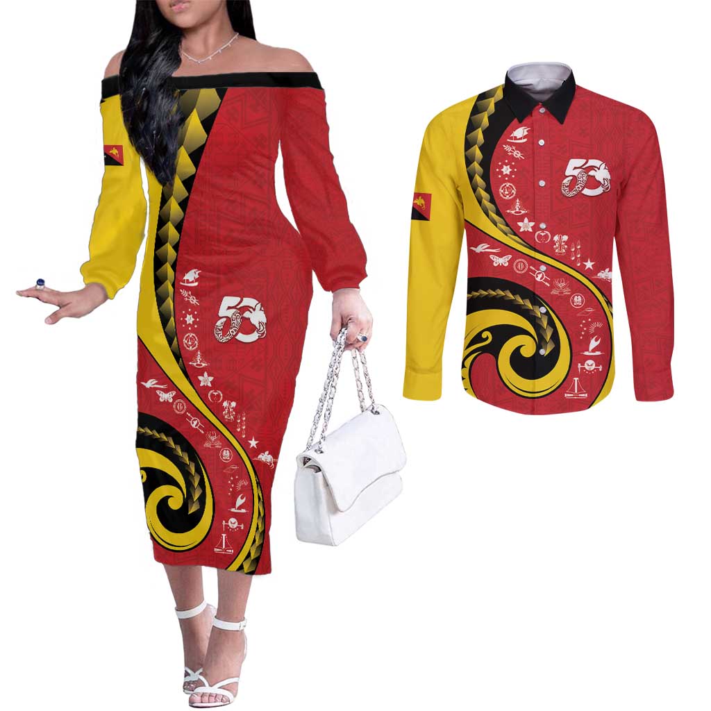 Papua New Guinea 50th Independence Anniversary Couples Matching Off The Shoulder Long Sleeve Dress and Long Sleeve Button Shirt Special Style Red Version - Polynesian Pride