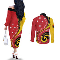 Papua New Guinea 50th Independence Anniversary Couples Matching Off The Shoulder Long Sleeve Dress and Long Sleeve Button Shirt Special Style Red Version - Polynesian Pride