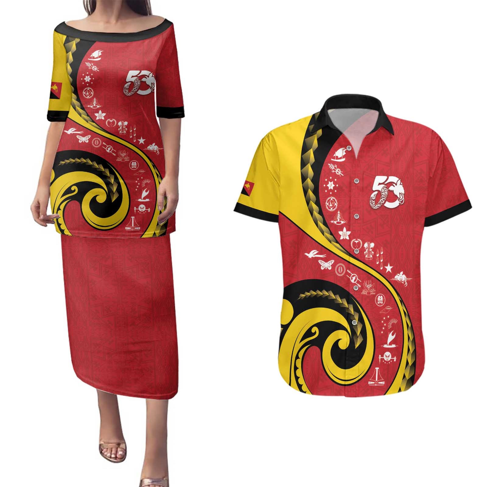 Papua New Guinea 50th Independence Anniversary Couples Matching Puletasi and Hawaiian Shirt Special Style Red Version - Polynesian Pride