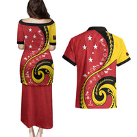 Papua New Guinea 50th Independence Anniversary Couples Matching Puletasi and Hawaiian Shirt Special Style Red Version - Polynesian Pride