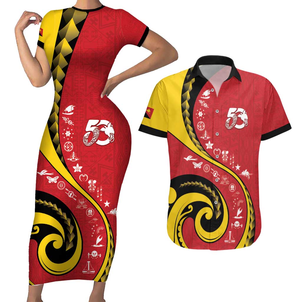 Papua New Guinea 50th Independence Anniversary Couples Matching Short Sleeve Bodycon Dress and Hawaiian Shirt Special Style Red Version - Polynesian Pride