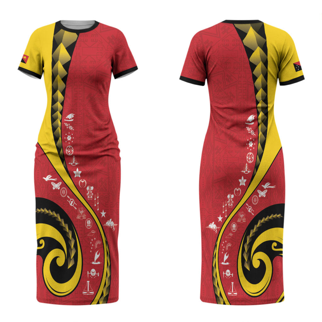 Papua New Guinea Independence Couples Matching Short Sleeve Bodycon Dress and Hawaiian Shirt Special Style Red Version LT05 - Polynesian Pride