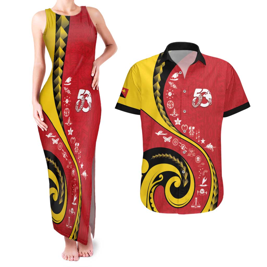 Papua New Guinea 50th Independence Anniversary Couples Matching Tank Maxi Dress and Hawaiian Shirt Special Style Red Version - Polynesian Pride