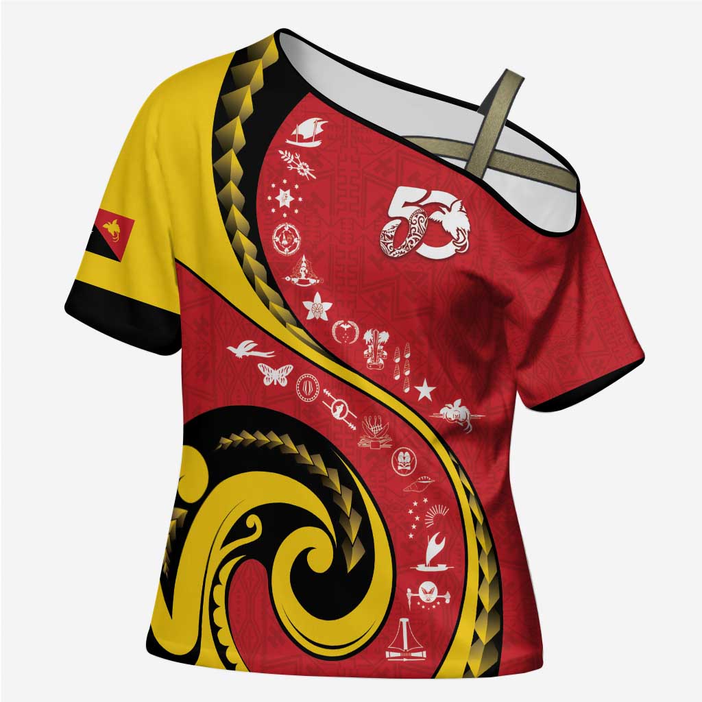 Papua New Guinea 50th Independence Anniversary Cross Shoulder Shirt Special Style Red Version - Polynesian Pride