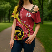 Papua New Guinea 50th Independence Anniversary Cross Shoulder Shirt Special Style Red Version - Polynesian Pride