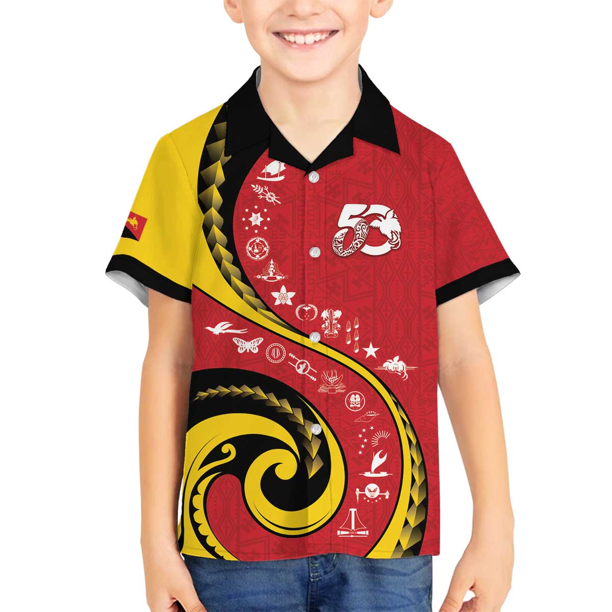 Papua New Guinea 50th Independence Anniversary Family Matching Off The Shoulder Long Sleeve Dress and Hawaiian Shirt Special Style Red Version - Polynesian Pride