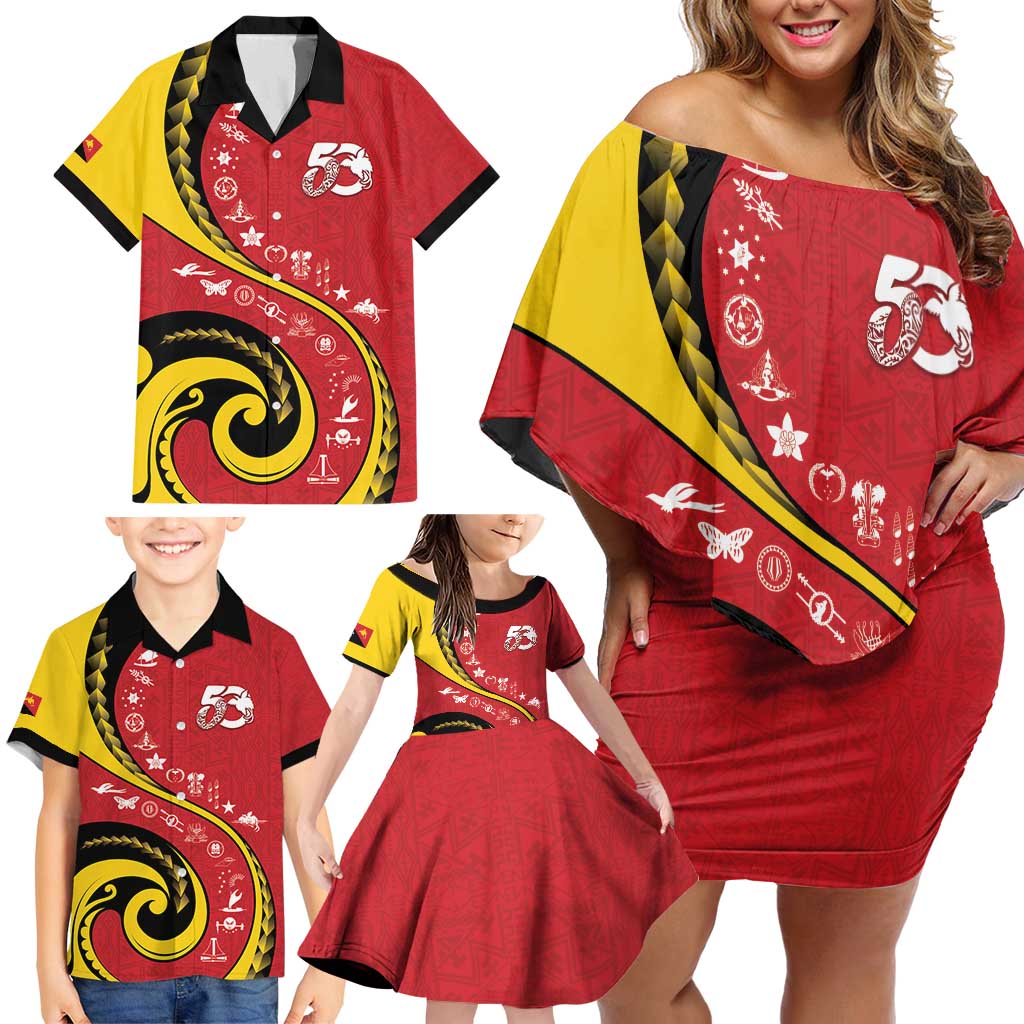 Papua New Guinea 50th Independence Anniversary Family Matching Off Shoulder Short Dress and Hawaiian Shirt Special Style Red Version - Polynesian Pride