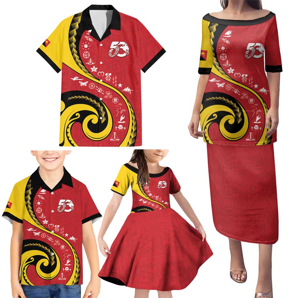 Papua New Guinea 50th Independence Anniversary Family Matching Puletasi and Hawaiian Shirt Special Style Red Version - Polynesian Pride