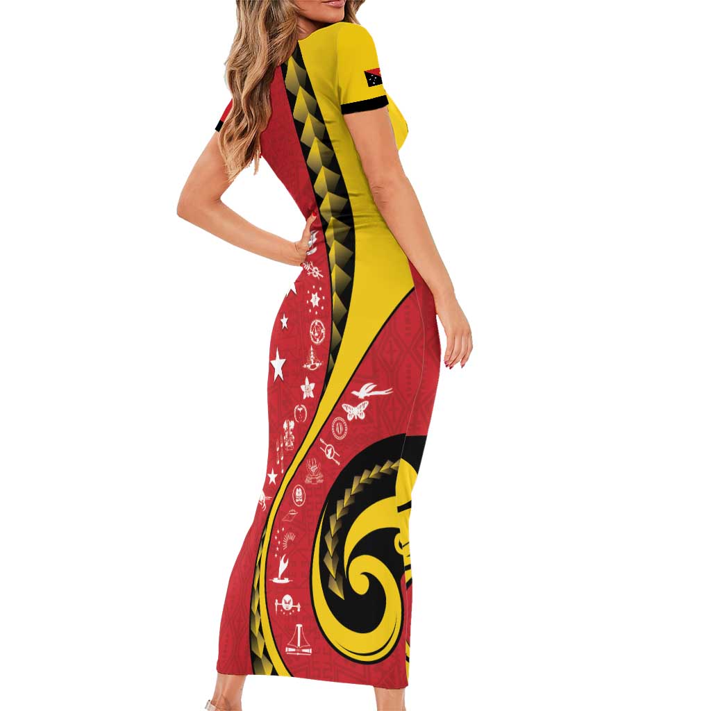 Papua New Guinea 50th Independence Anniversary Family Matching Short Sleeve Bodycon Dress and Hawaiian Shirt Special Style Red Version - Polynesian Pride