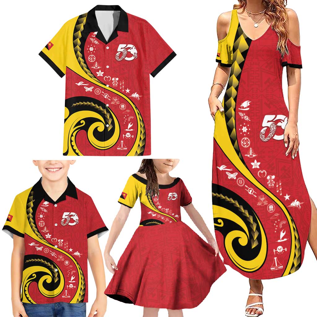 Papua New Guinea 50th Independence Anniversary Family Matching Summer Maxi Dress and Hawaiian Shirt Special Style Red Version - Polynesian Pride