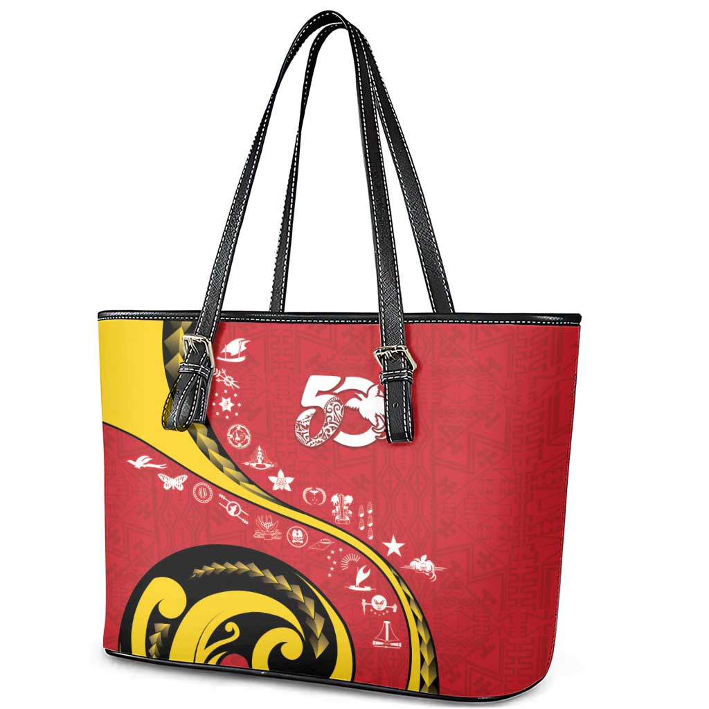 Papua New Guinea 50th Independence Anniversary Leather Tote Bag Special Style Red Version - Polynesian Pride
