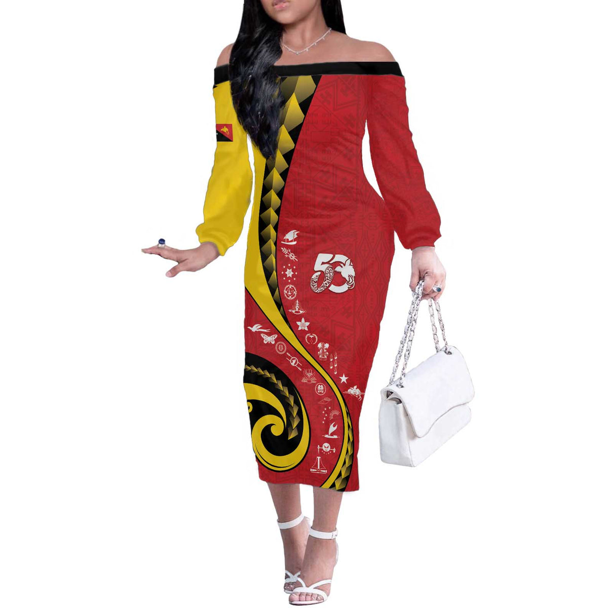 Papua New Guinea 50th Independence Anniversary Off The Shoulder Long Sleeve Dress Special Style Red Version - Polynesian Pride