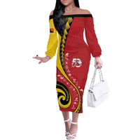 Papua New Guinea 50th Independence Anniversary Off The Shoulder Long Sleeve Dress Special Style Red Version - Polynesian Pride