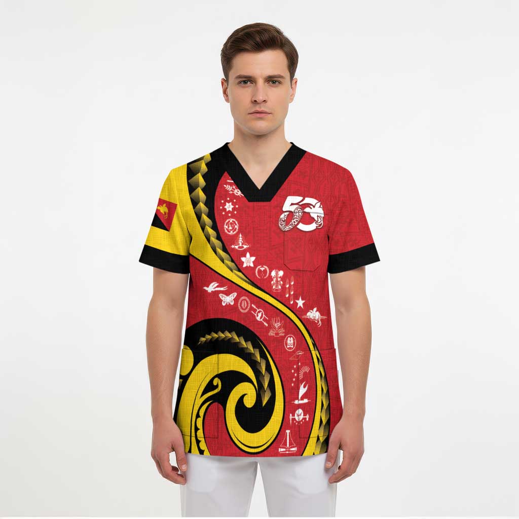 Papua New Guinea 50th Independence Anniversary Scrub Top Special Style Red Version - Polynesian Pride