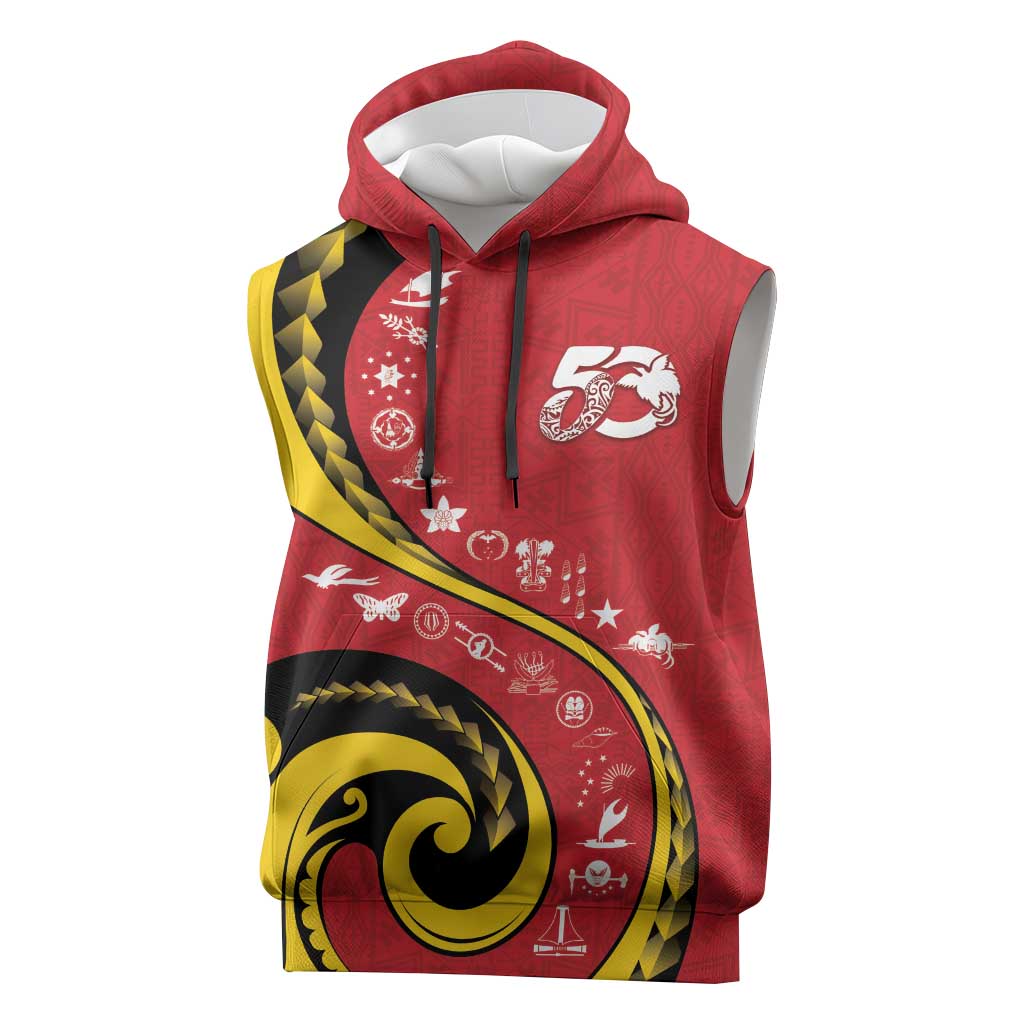 Papua New Guinea 50th Independence Anniversary Sleeveless Hoodie Special Style Red Version - Polynesian Pride