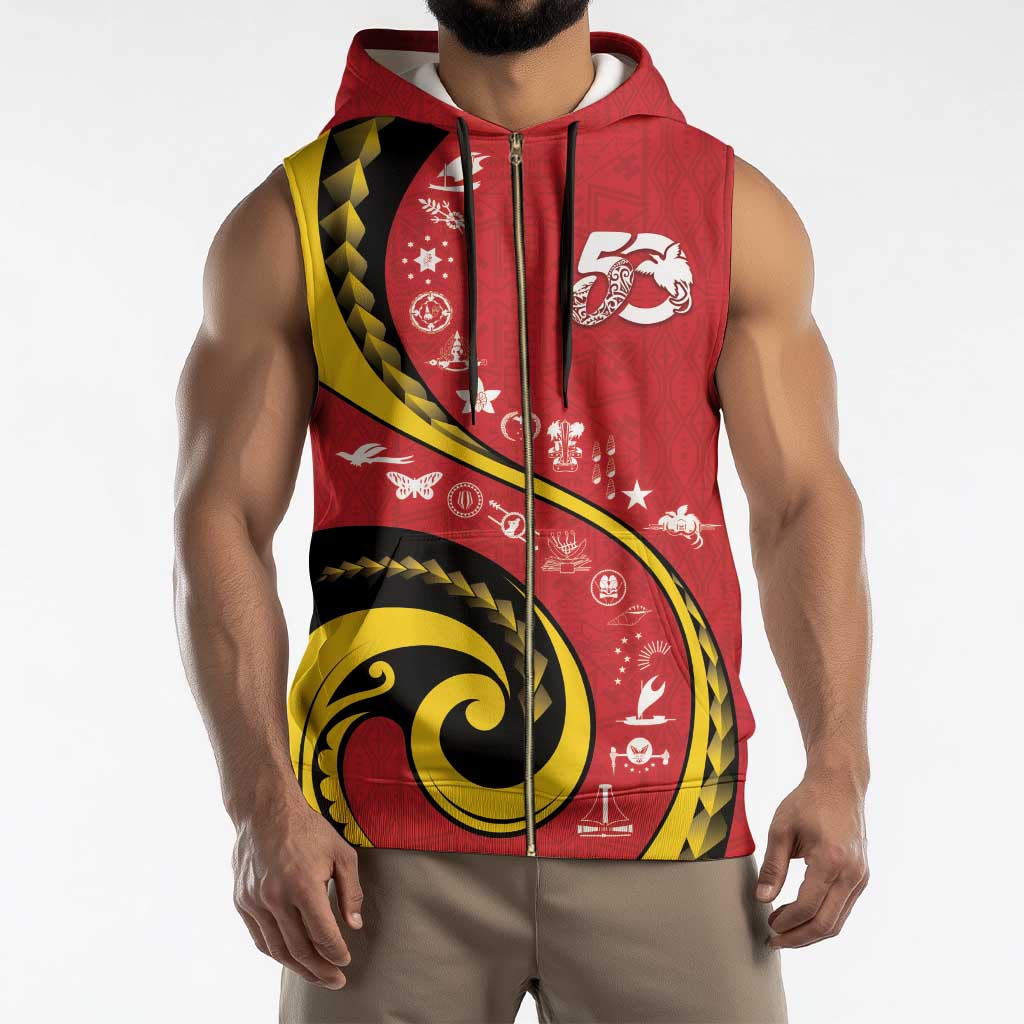Papua New Guinea 50th Independence Anniversary Sleeveless Zip Hoodie Special Style Red Version - Polynesian Pride