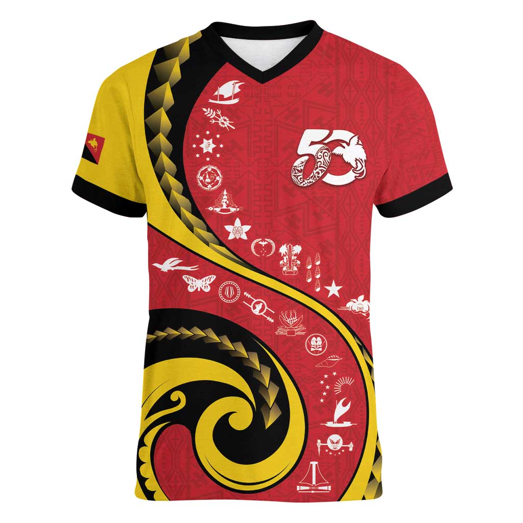 Papua New Guinea 50th Independence Anniversary Women V-Neck T-Shirt Special Style Red Version - Polynesian Pride