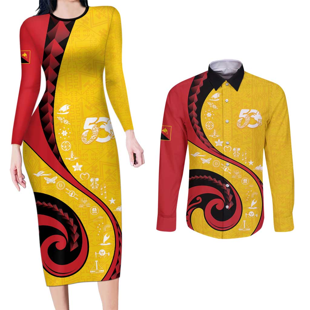 Papua New Guinea 50th Independence Anniversary Couples Matching Long Sleeve Bodycon Dress and Long Sleeve Button Shirt Special Style Yellow Version - Polynesian Pride