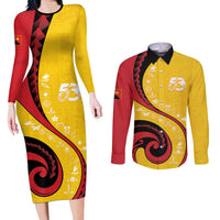 Papua New Guinea 50th Independence Anniversary Couples Matching Long Sleeve Bodycon Dress and Long Sleeve Button Shirt Special Style Yellow Version - Polynesian Pride