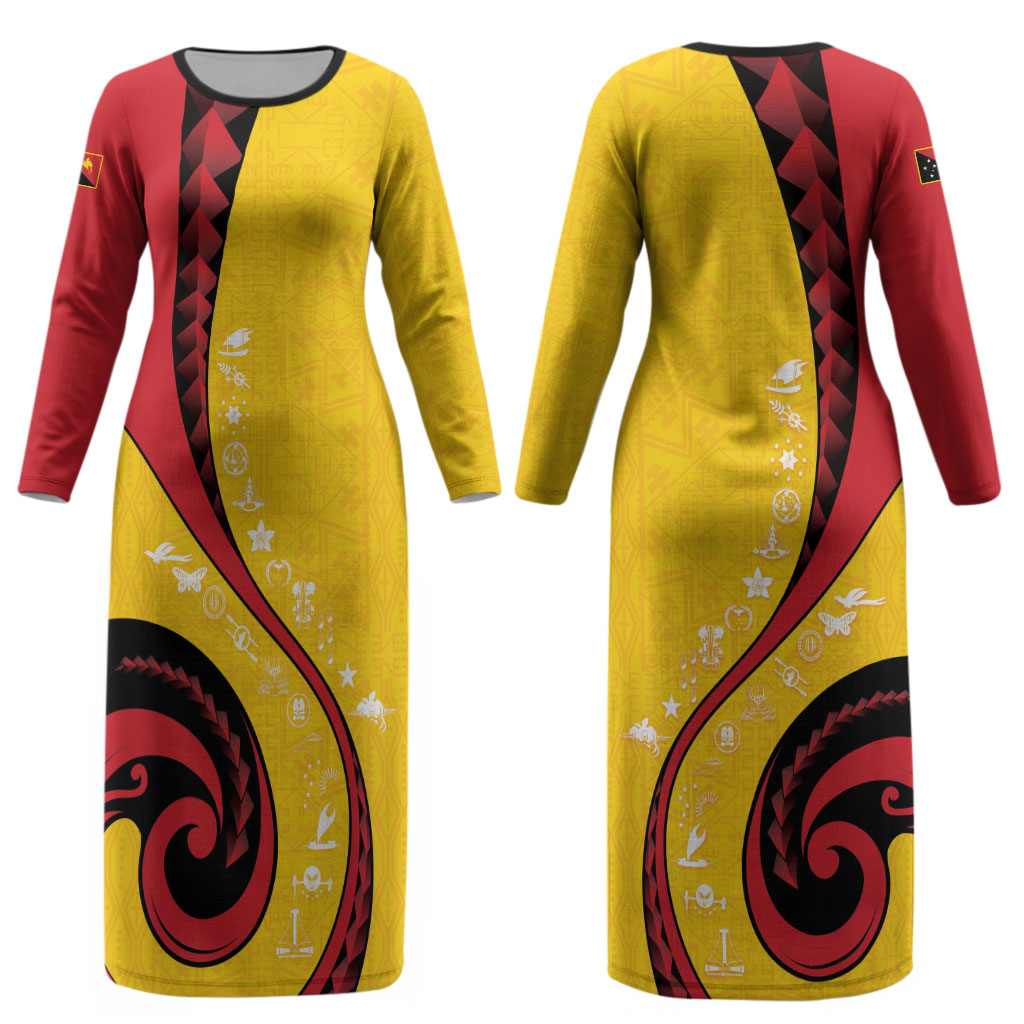 Papua New Guinea Independence Couples Matching Long Sleeve Bodycon Dress and Long Sleeve Button Shirt Special Style Yellow Version LT05 - Polynesian Pride