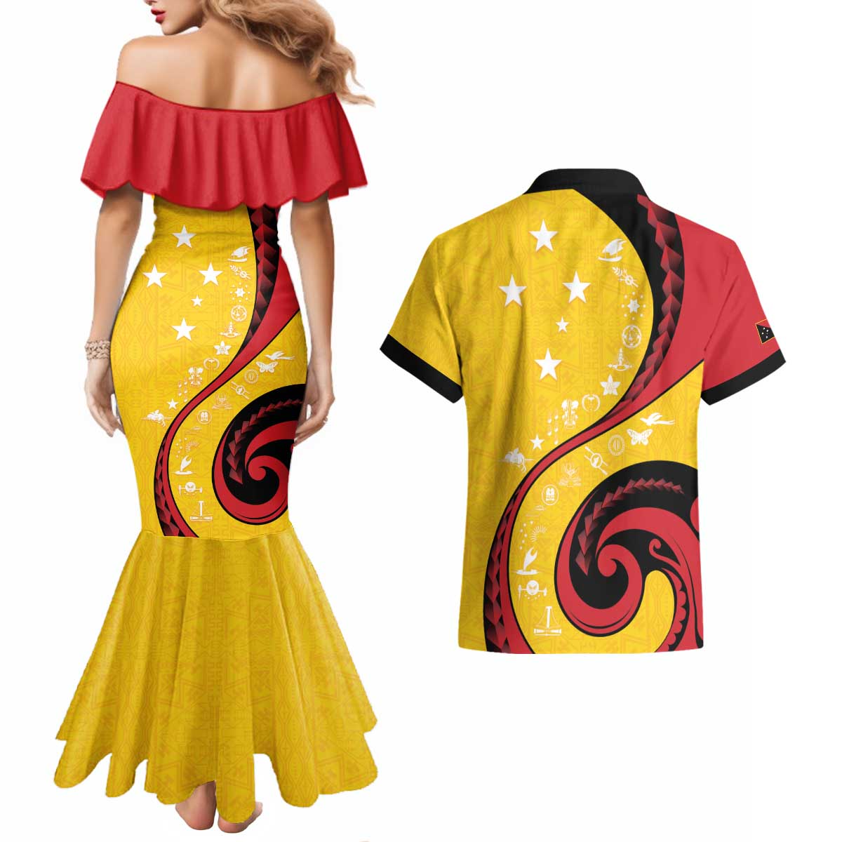 Papua New Guinea 50th Independence Anniversary Couples Matching Mermaid Dress and Hawaiian Shirt Special Style Yellow Version - Polynesian Pride