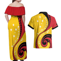 Papua New Guinea 50th Independence Anniversary Couples Matching Off Shoulder Maxi Dress and Hawaiian Shirt Special Style Yellow Version - Polynesian Pride
