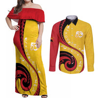 Papua New Guinea 50th Independence Anniversary Couples Matching Off Shoulder Maxi Dress and Long Sleeve Button Shirt Special Style Yellow Version - Polynesian Pride