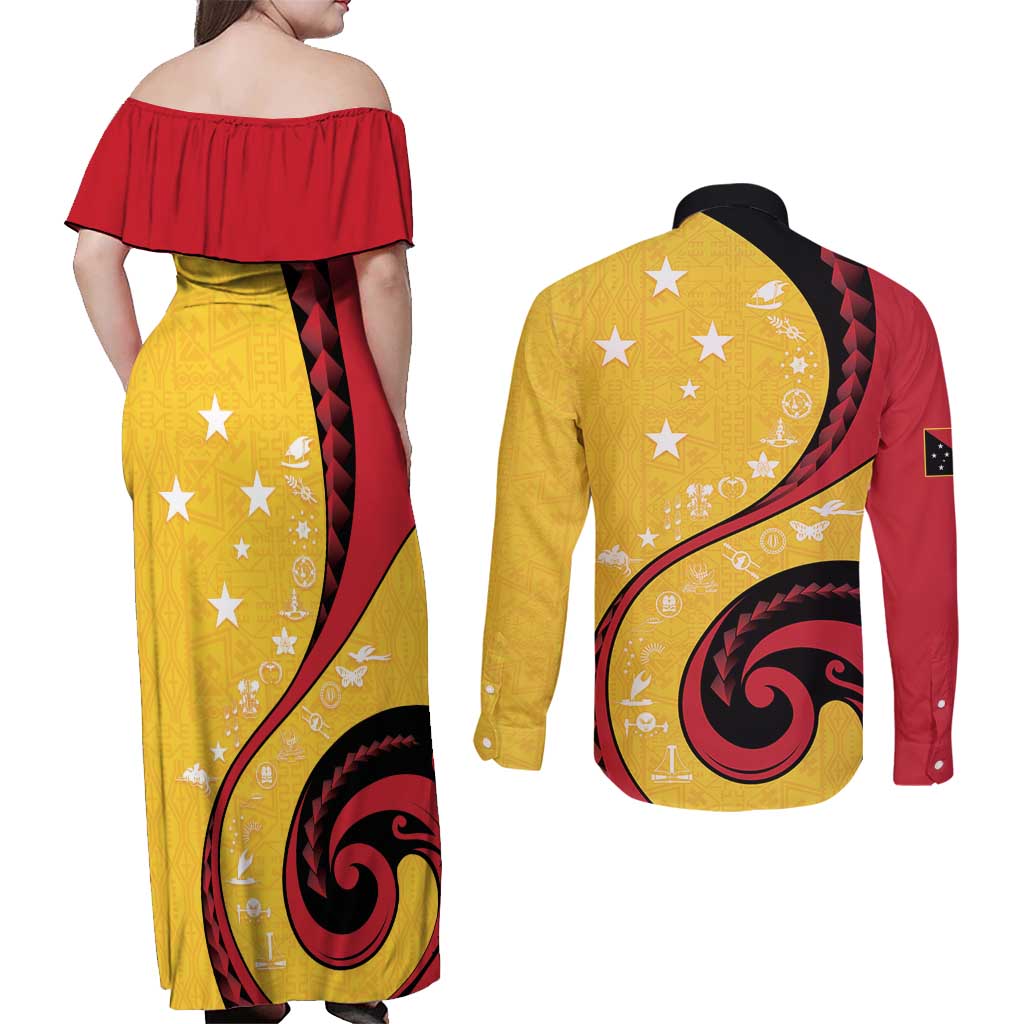 Papua New Guinea 50th Independence Anniversary Couples Matching Off Shoulder Maxi Dress and Long Sleeve Button Shirt Special Style Yellow Version - Polynesian Pride