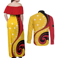 Papua New Guinea 50th Independence Anniversary Couples Matching Off Shoulder Maxi Dress and Long Sleeve Button Shirt Special Style Yellow Version - Polynesian Pride