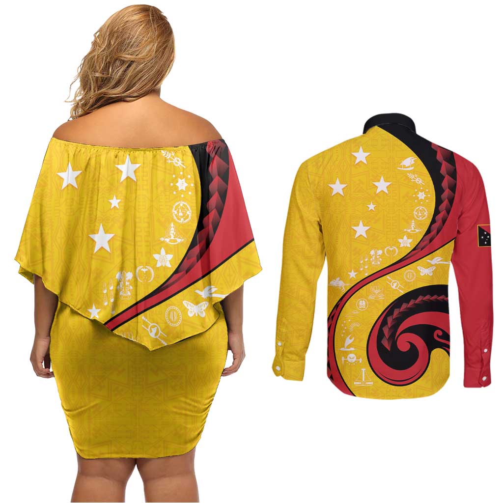 Papua New Guinea 50th Independence Anniversary Couples Matching Off Shoulder Short Dress and Long Sleeve Button Shirt Special Style Yellow Version - Polynesian Pride