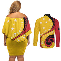 Papua New Guinea 50th Independence Anniversary Couples Matching Off Shoulder Short Dress and Long Sleeve Button Shirt Special Style Yellow Version - Polynesian Pride