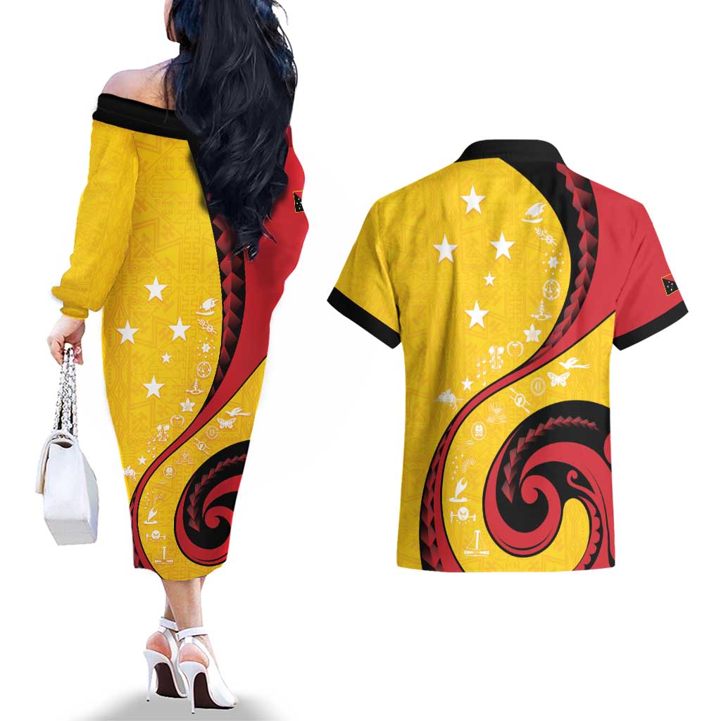 Papua New Guinea 50th Independence Anniversary Couples Matching Off The Shoulder Long Sleeve Dress and Hawaiian Shirt Special Style Yellow Version - Polynesian Pride