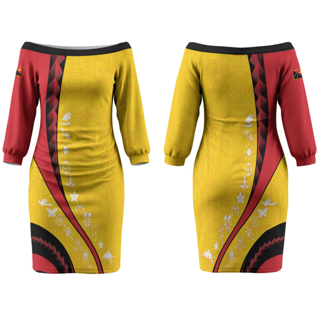 Papua New Guinea Independence Couples Matching Off The Shoulder Long Sleeve Dress and Long Sleeve Button Shirt Special Style Yellow Version LT05 - Polynesian Pride