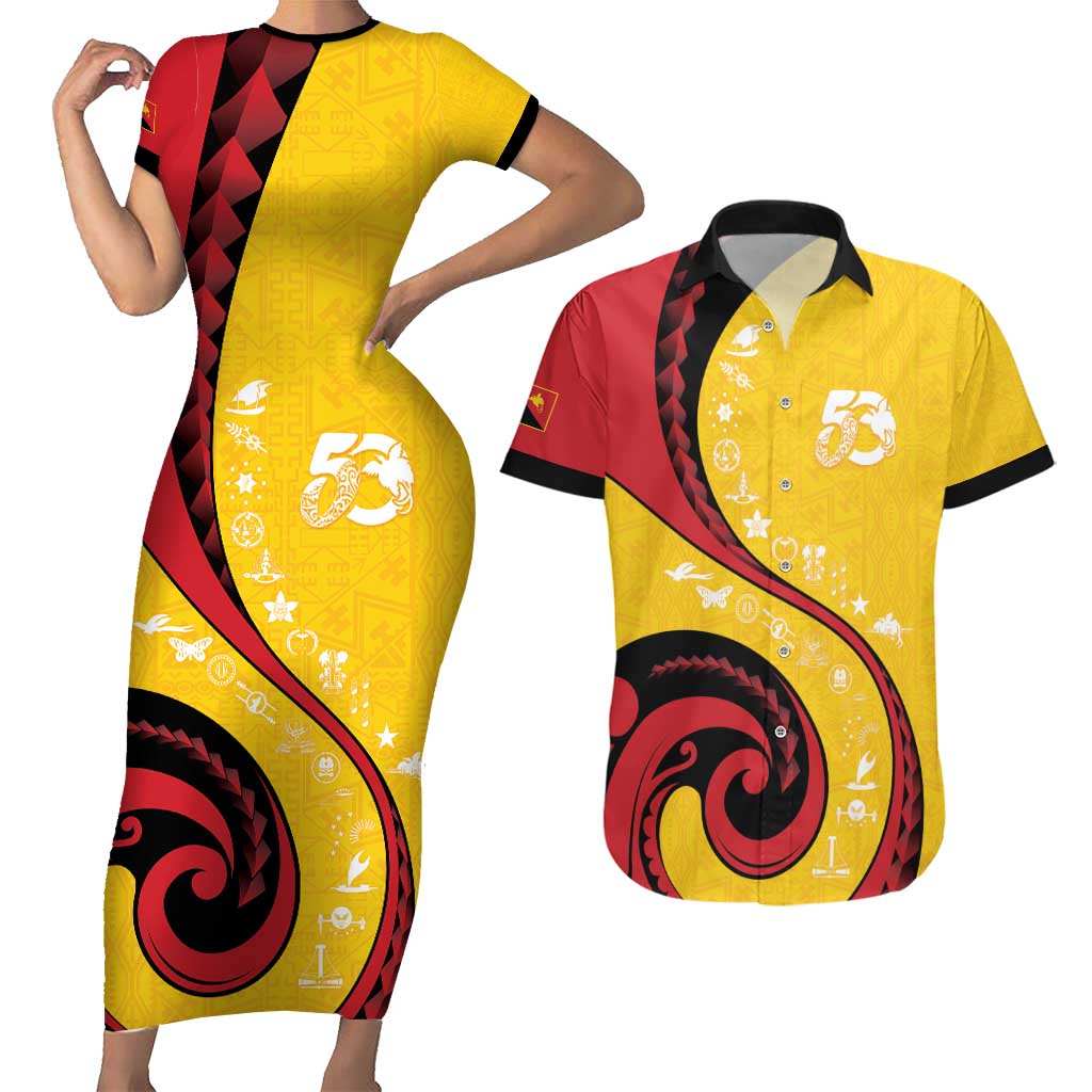 Papua New Guinea 50th Independence Anniversary Couples Matching Short Sleeve Bodycon Dress and Hawaiian Shirt Special Style Yellow Version - Polynesian Pride