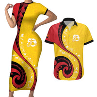 Papua New Guinea 50th Independence Anniversary Couples Matching Short Sleeve Bodycon Dress and Hawaiian Shirt Special Style Yellow Version - Polynesian Pride