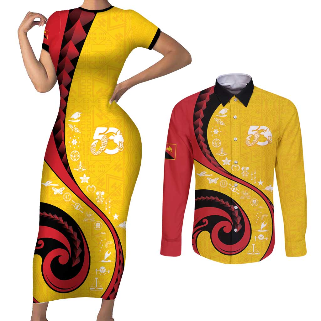 Papua New Guinea 50th Independence Anniversary Couples Matching Short Sleeve Bodycon Dress and Long Sleeve Button Shirt Special Style Yellow Version - Polynesian Pride