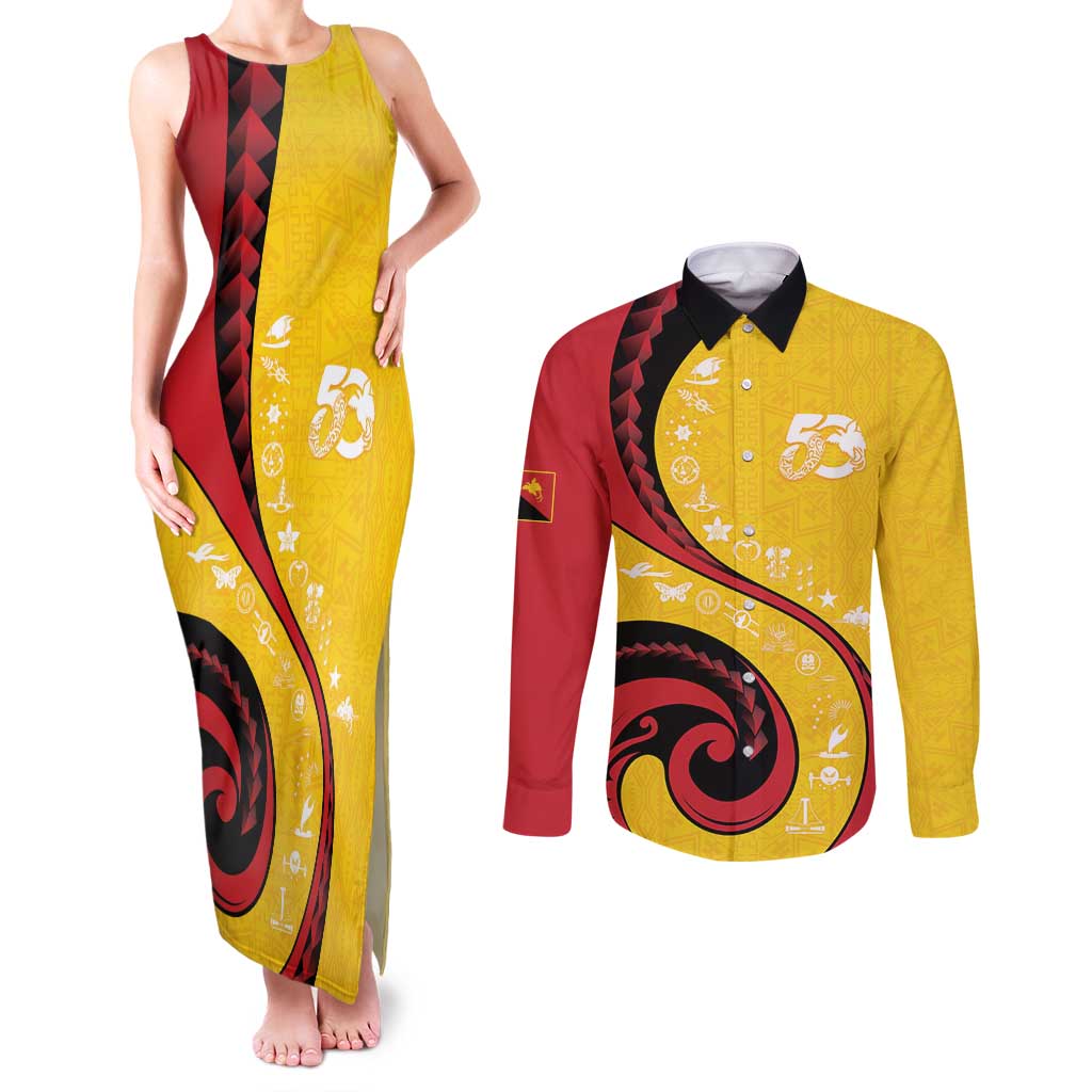 Papua New Guinea 50th Independence Anniversary Couples Matching Tank Maxi Dress and Long Sleeve Button Shirt Special Style Yellow Version - Polynesian Pride